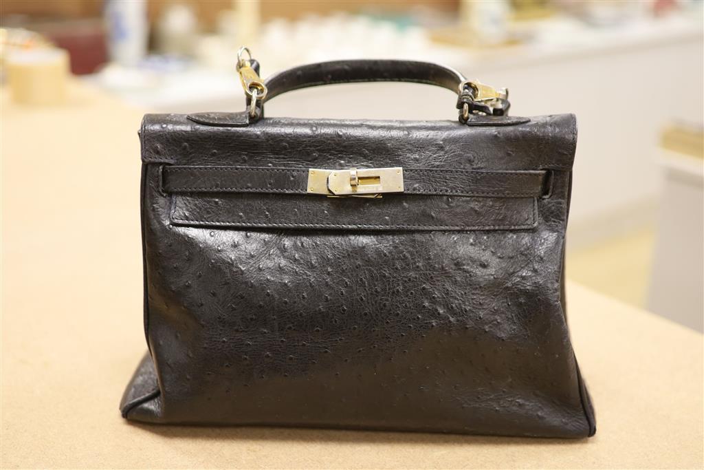 A Hermes Sac a depeches (Kelly) bag, ostrich skin, circa 1940s, (undated - prior to 1945)